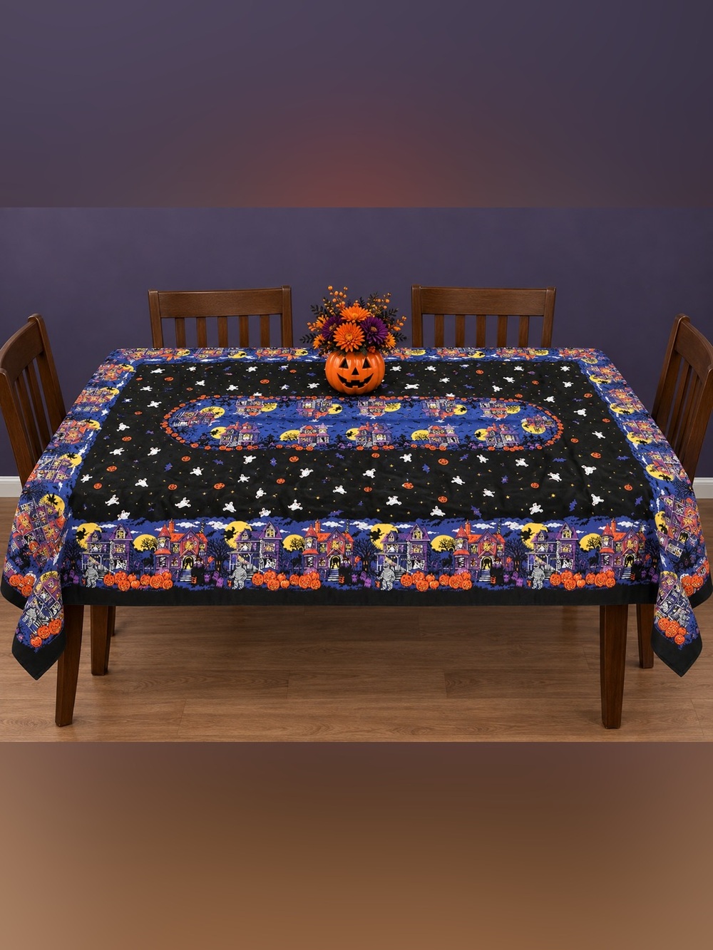 Vintage Halloween Tablecloth Haunted Houses Ghosts Bats Pumpkins 64x59 NOS